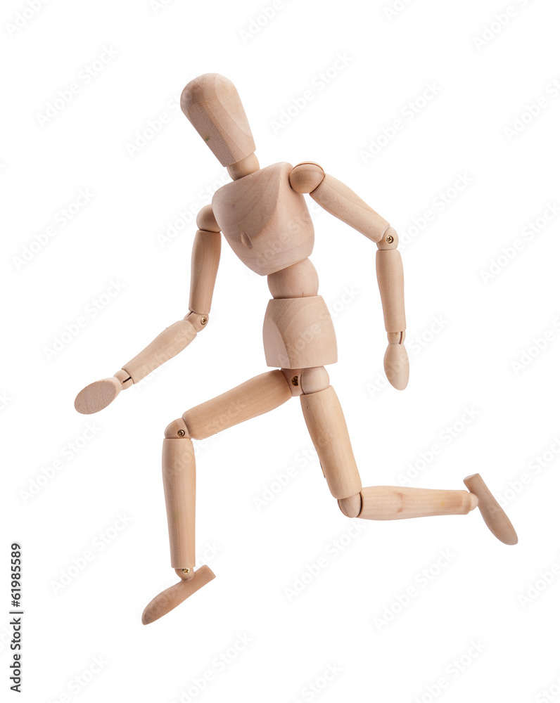 Wooden figure dummy run, isolated on white Wooden figure dummy run, isolated on white