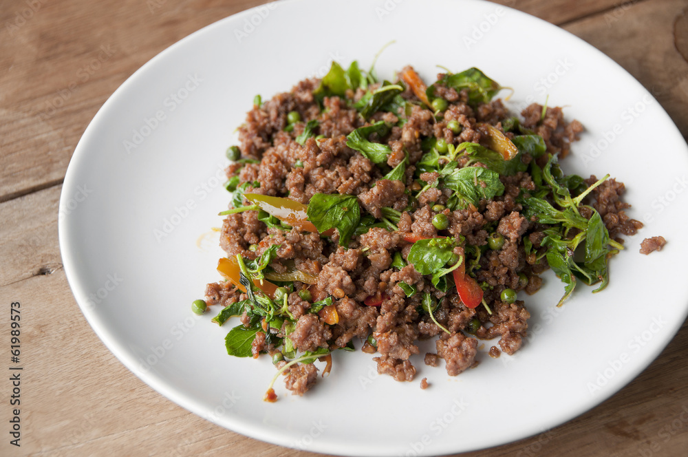 Stir-fried spicy minced beef. Stir-fried spicy minced beef.