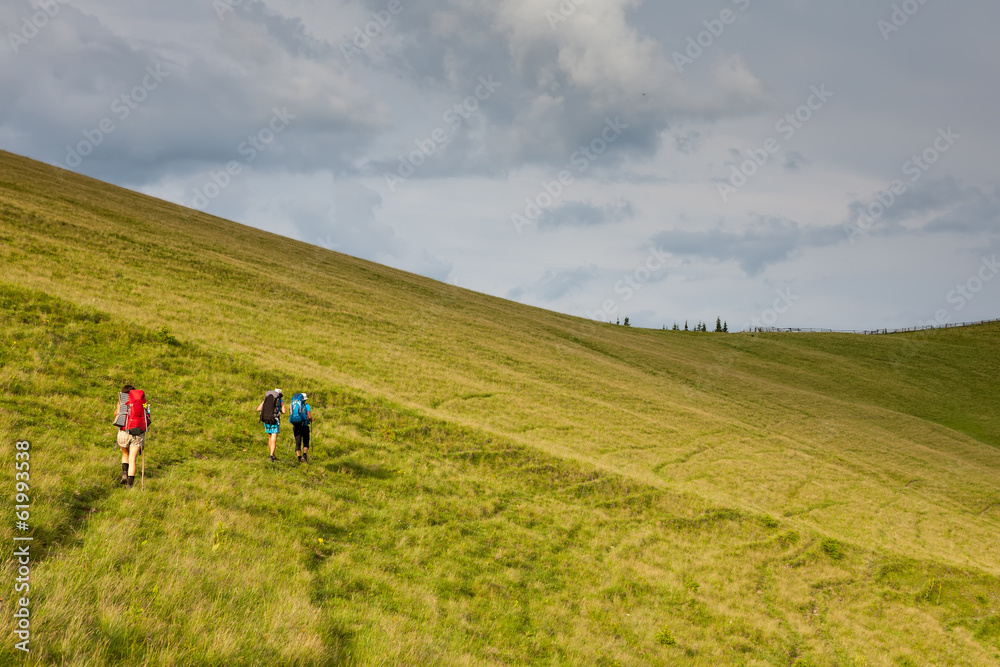Young people are hiking in Carpathian mountains in summertime Young people are hiking in Carpathian mountains in summertime