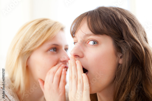 Blonde girl telling a secret to her best friend photo