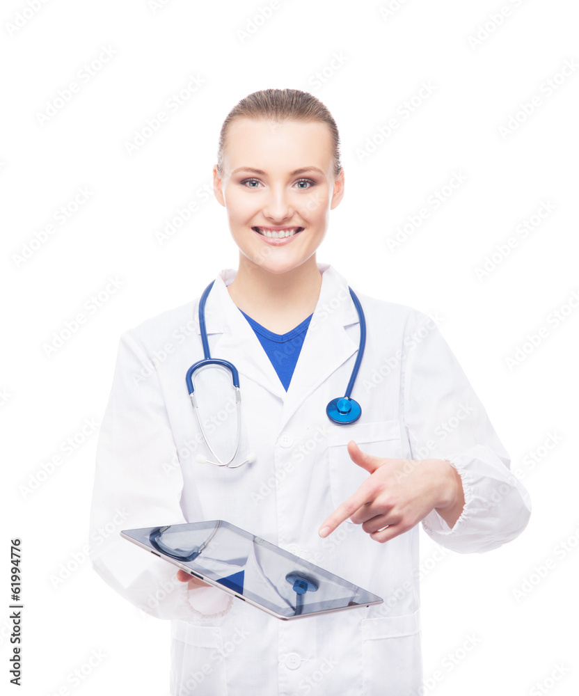A cheerful doctor woman with a tablet computer isolated on white