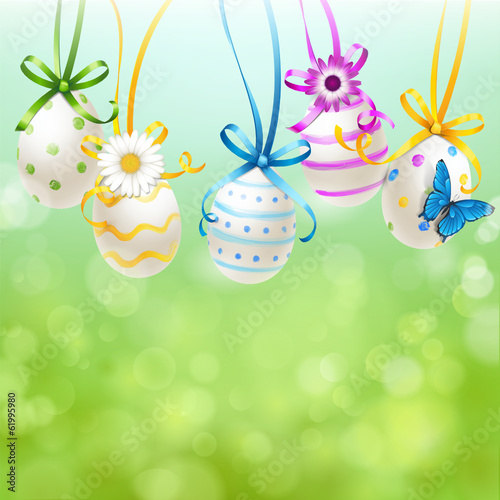 Bunte Ostereier mit Schleifen u. Blüten - Bokeh