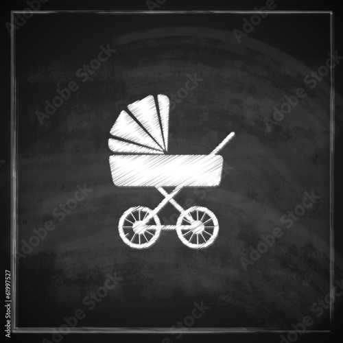 vintage illustration with a pram on blackboard background.