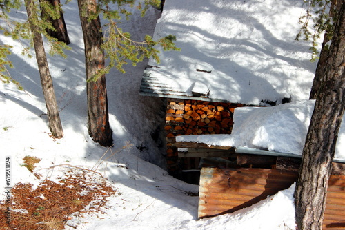 Catasta di legna coperta di neve photo