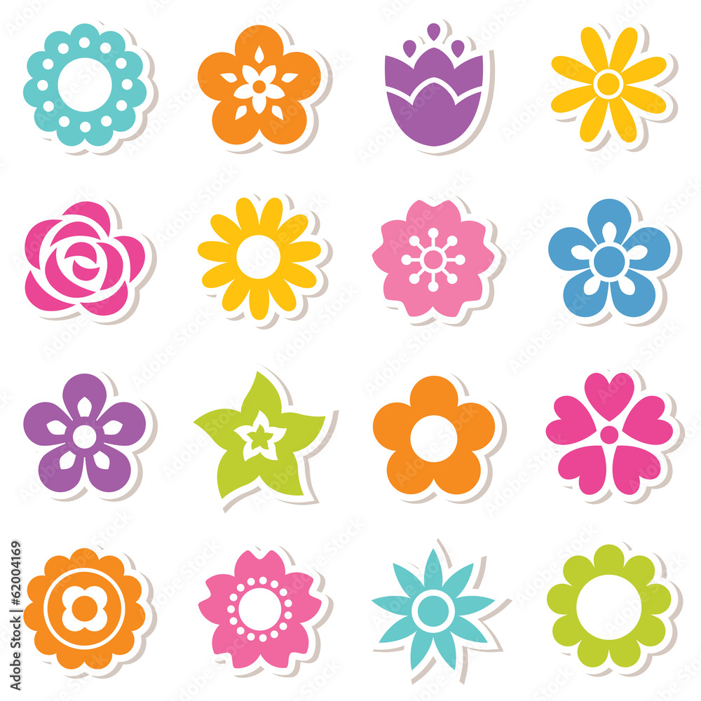 set of simple flower stickers in bright colors