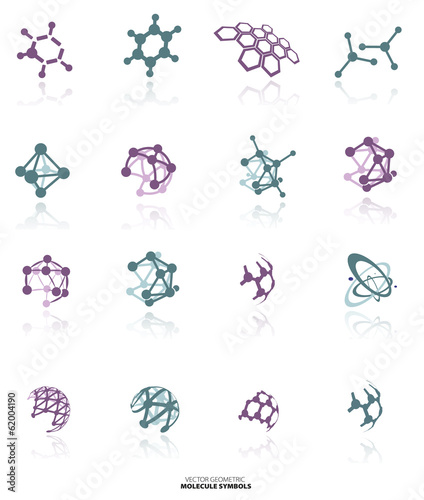 Color molecule icons set with shadow, isolated on white, vector