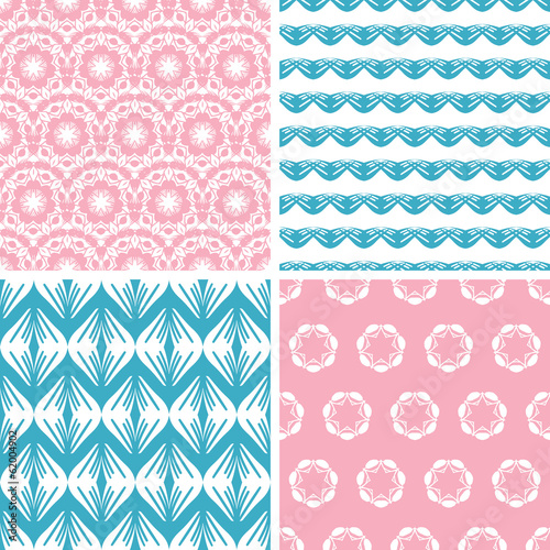 vector four abstract pink blue folk motives seamless patterns