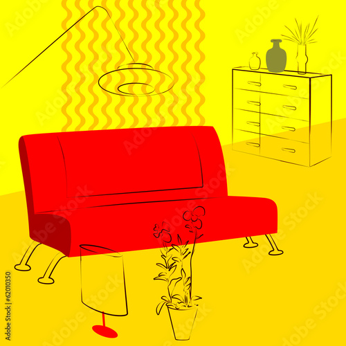 yellow living room red sofa