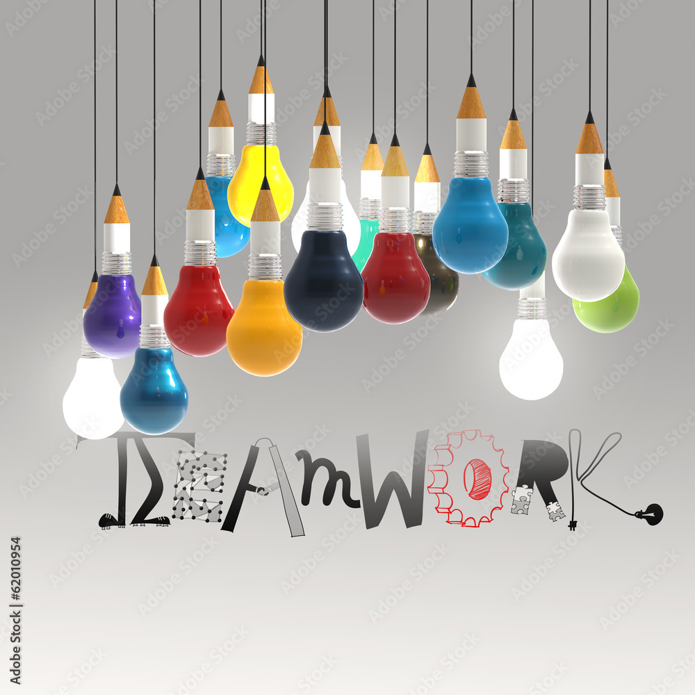 pencil lightbulb 3d and design word TEAMWORK as concept pencil lightbulb 3d and design word TEAMWORK as concept