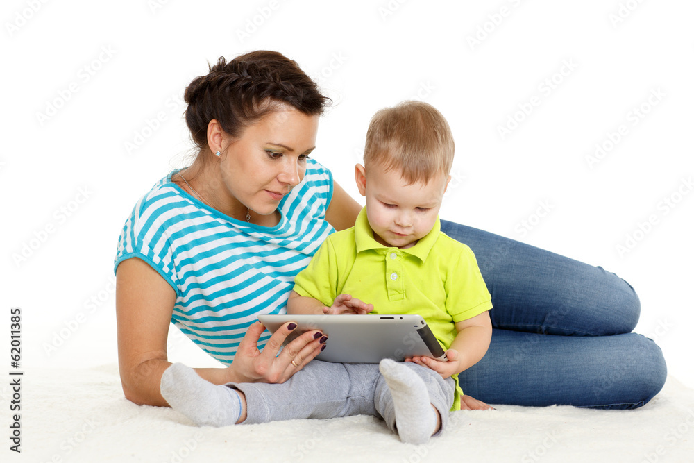 Happy family with computer tablet. Happy family with computer tablet.