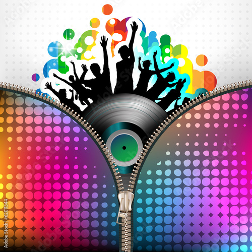 Dancing silhouettes with vinyl record covered by zipper