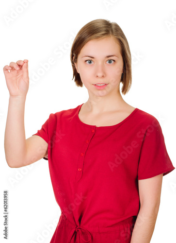 portrait of young woman does  benediction on white background