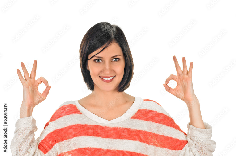 young woman shows sign and symbols on white background young woman shows sign and symbols on white background