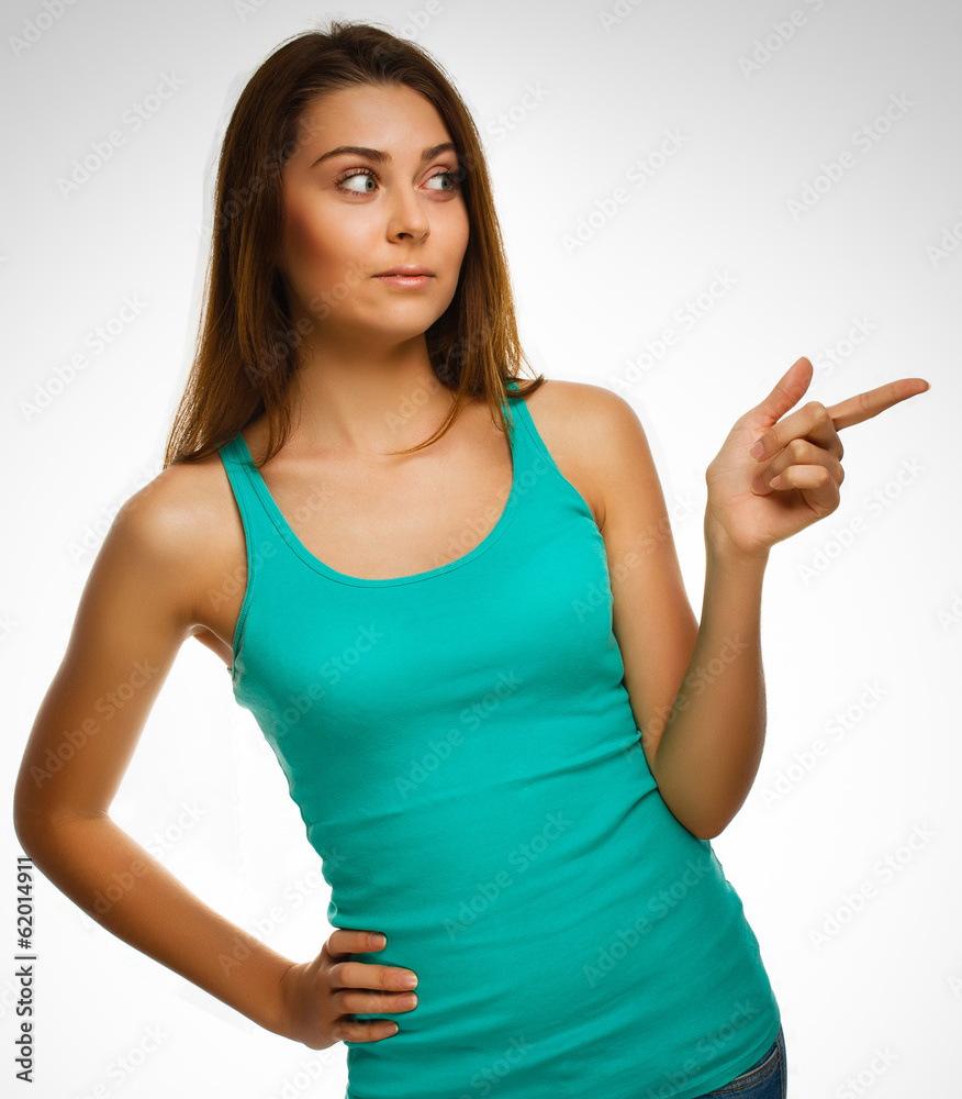 surprised woman shows finger in direction hand isolated on white surprised woman shows finger in direction hand isolated on white