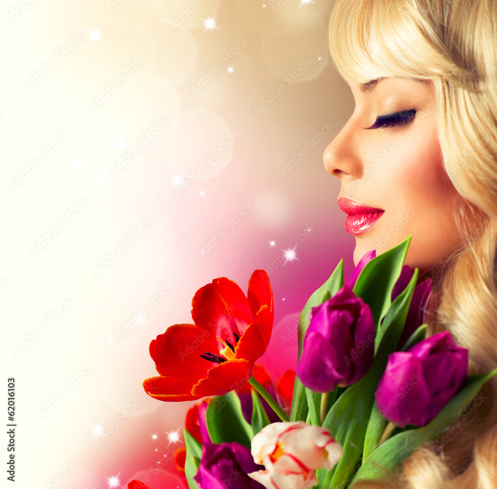 Beauty Woman with Spring Flower bouquet - obrazy, fototapety, plakaty 