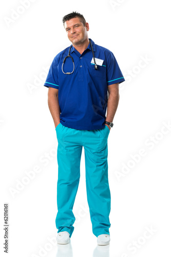 Handsome surgeon in blue special workwear