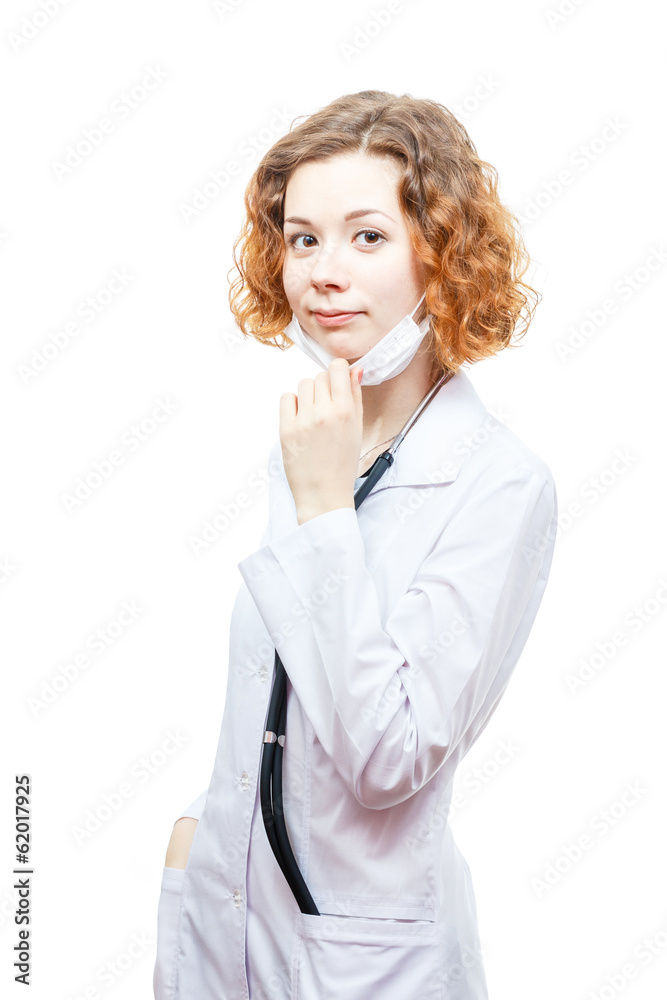 cute redhead doctor in lab coat with mask cute redhead doctor in lab coat with mask