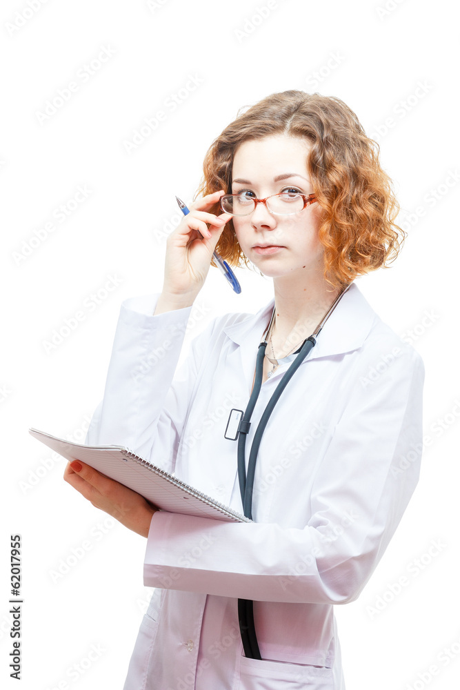 cute redhead doctor in lab coat and glasses with nothebook cute redhead doctor in lab coat and glasses with nothebook