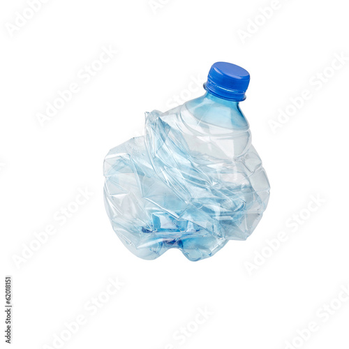 An empty smashed blue plastic bottle, isolated on white background