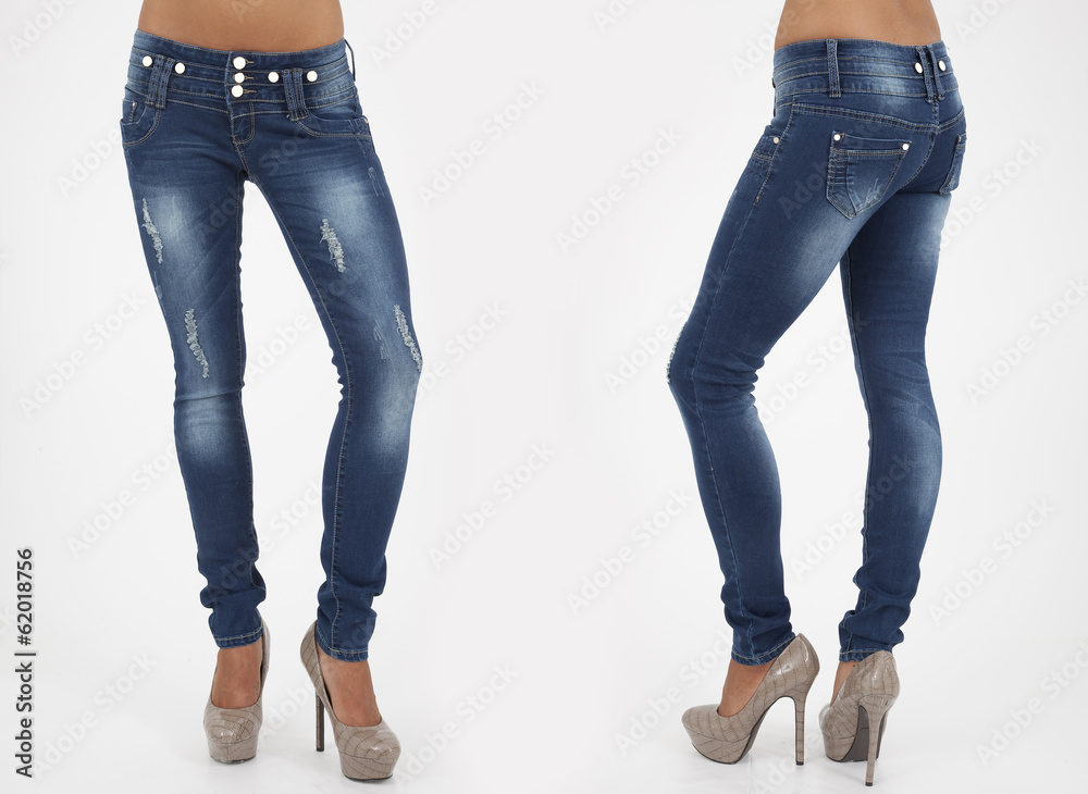 pretty women in tight jeans on white background