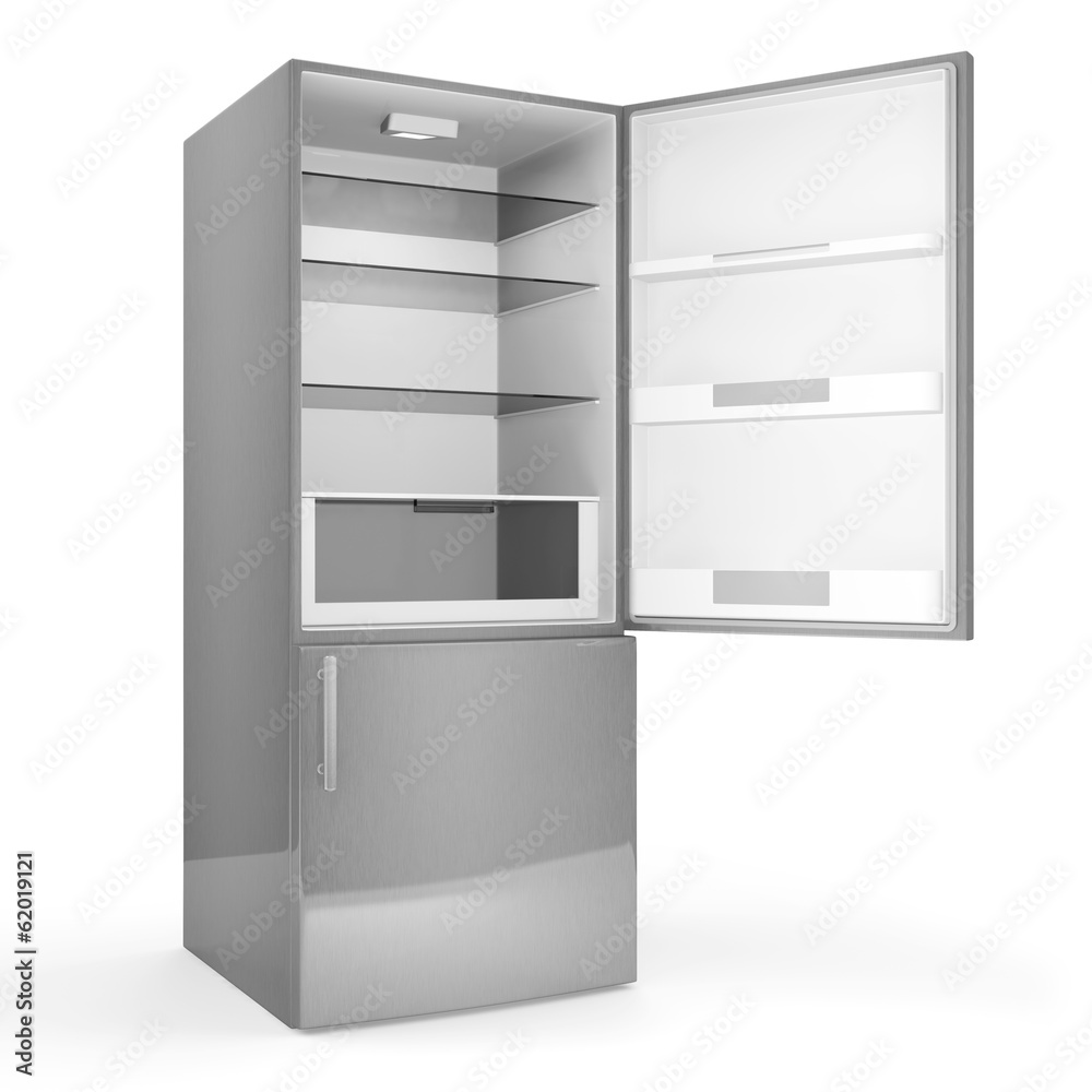 Modern metallic refrigerator with opened door isolated on white Modern metallic refrigerator with opened door isolated on white