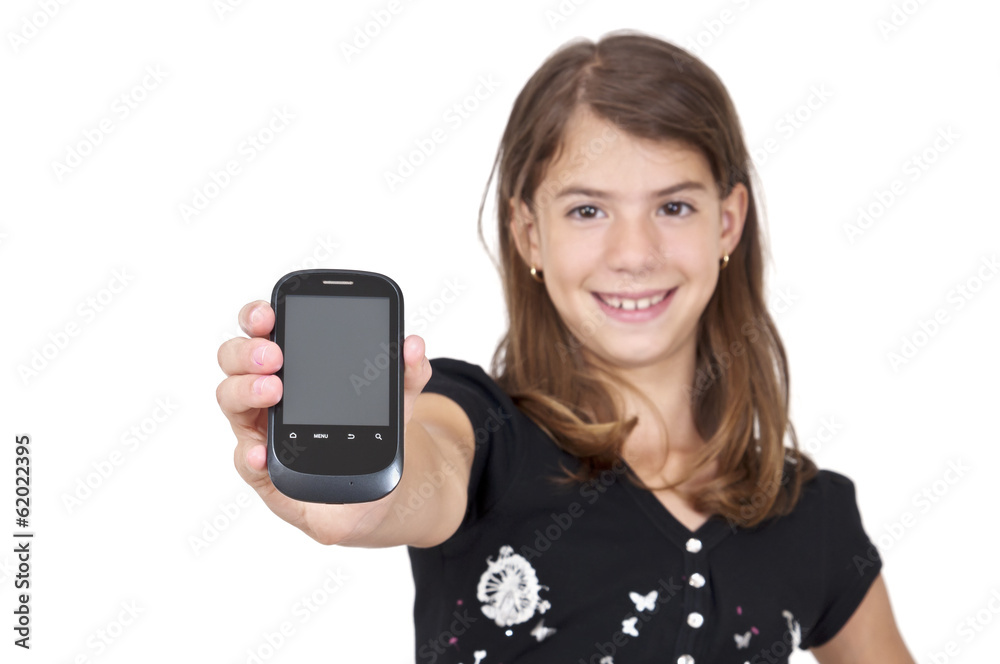 Girl showing mobile phone with clipping path Girl showing mobile phone with clipping path