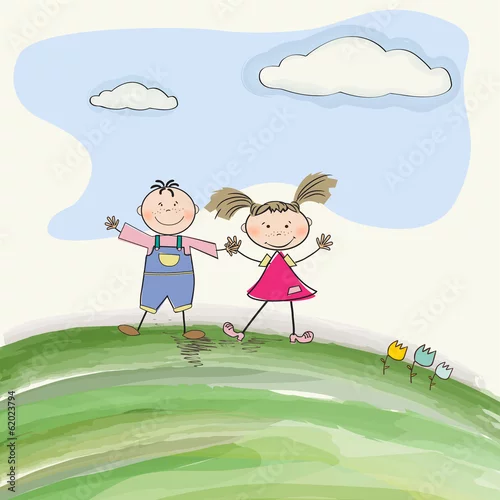 Obraz dwoje szczęśliwych dzieci na łące