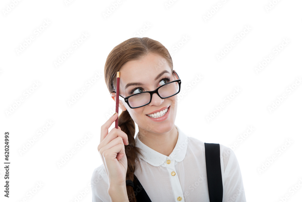 I have a great ideea! Beautiful woman with glasses isolated on w I have a great ideea! Beautiful woman with glasses isolated on w