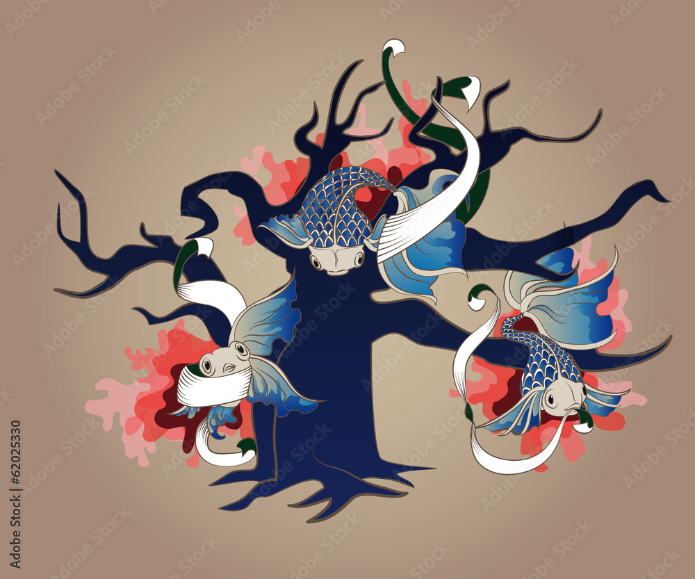 three fish swim near a tree and keep the tape for labeling three fish swim near a tree and keep the tape for labeling