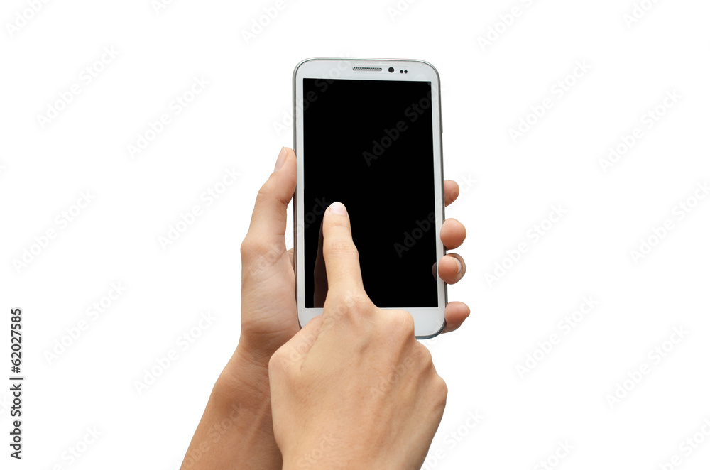 Woman hand using mobile phone touch screen on white background Woman hand using mobile phone touch screen on white background