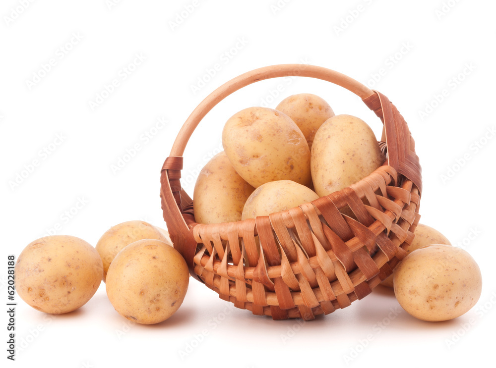 Potato tuber in wicker basket isolated on white background Potato tuber in wicker basket isolated on white background