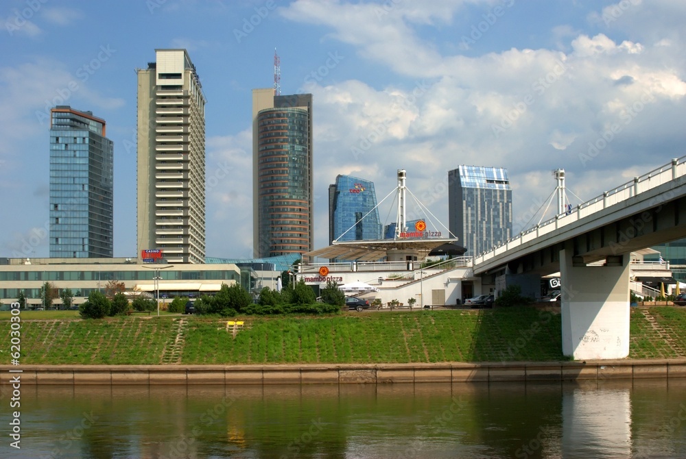 The Vilnius city walking bridge with skyscrapers The Vilnius city walking bridge with skyscrapers