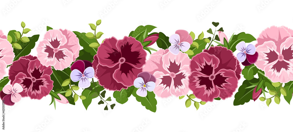 Horizontal seamless background with pansy flowers. Vector.