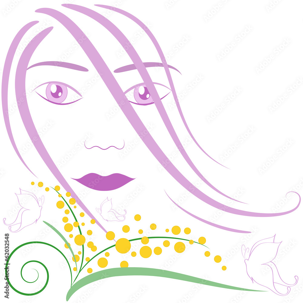 faccia di donna stilizzata con mimose e farfalle Stock Vector | Adobe Stock