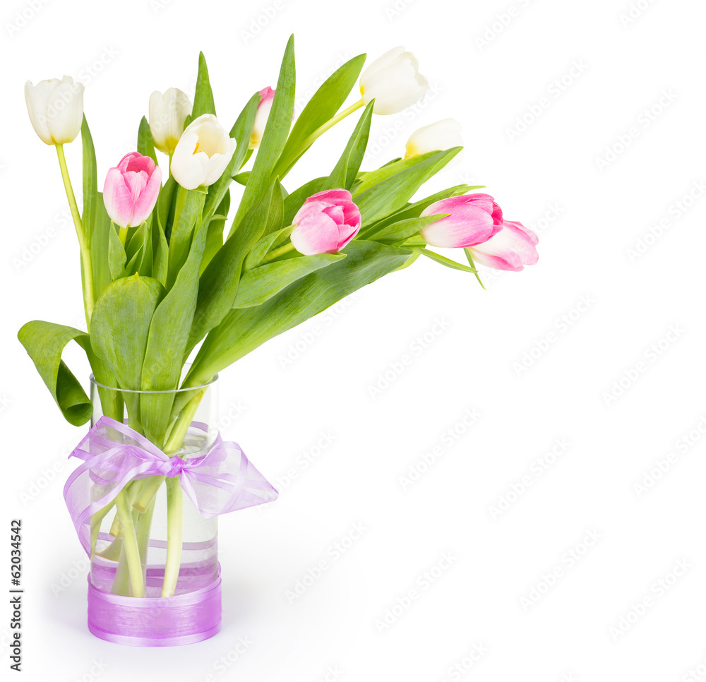 Fototapeta premium Tulip flowers in a vase isolated on white with clipping path