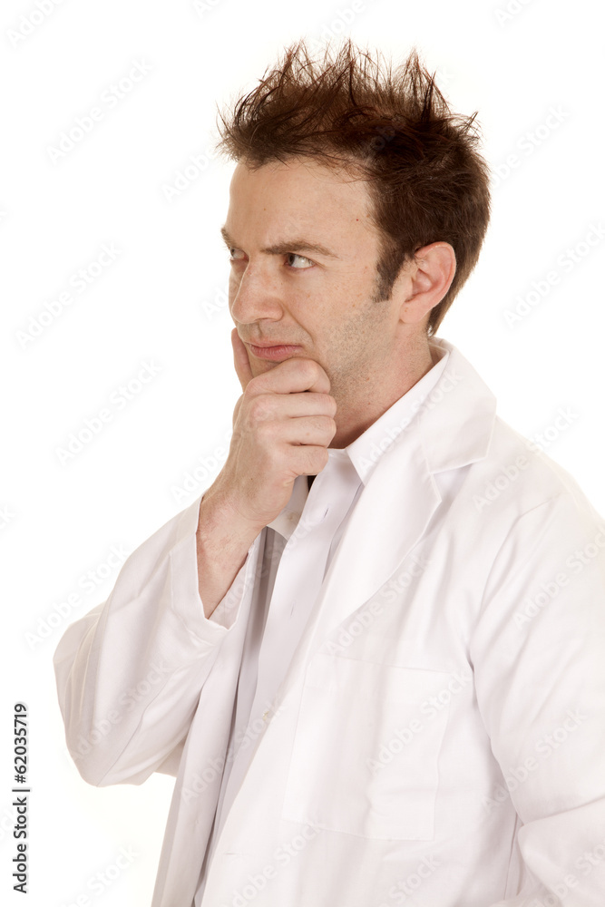 Doctor crazy hair stand hand on chin Doctor crazy hair stand hand on chin