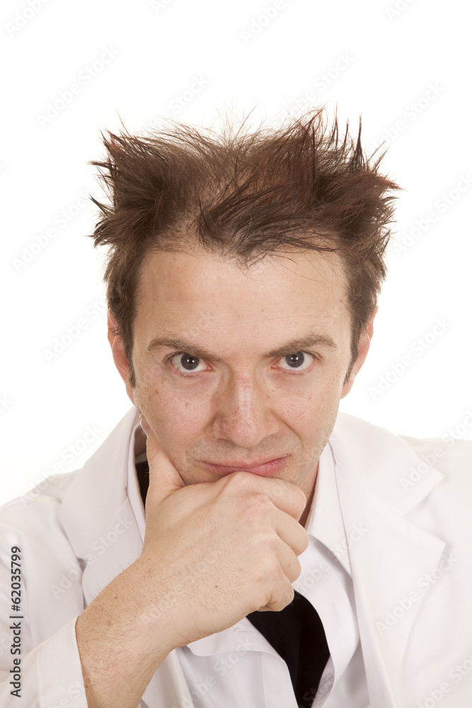 Doctor messed up hair hand on chin Doctor messed up hair hand on chin