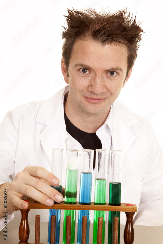 Mad scientist with test tubes look Mad scientist with test tubes look