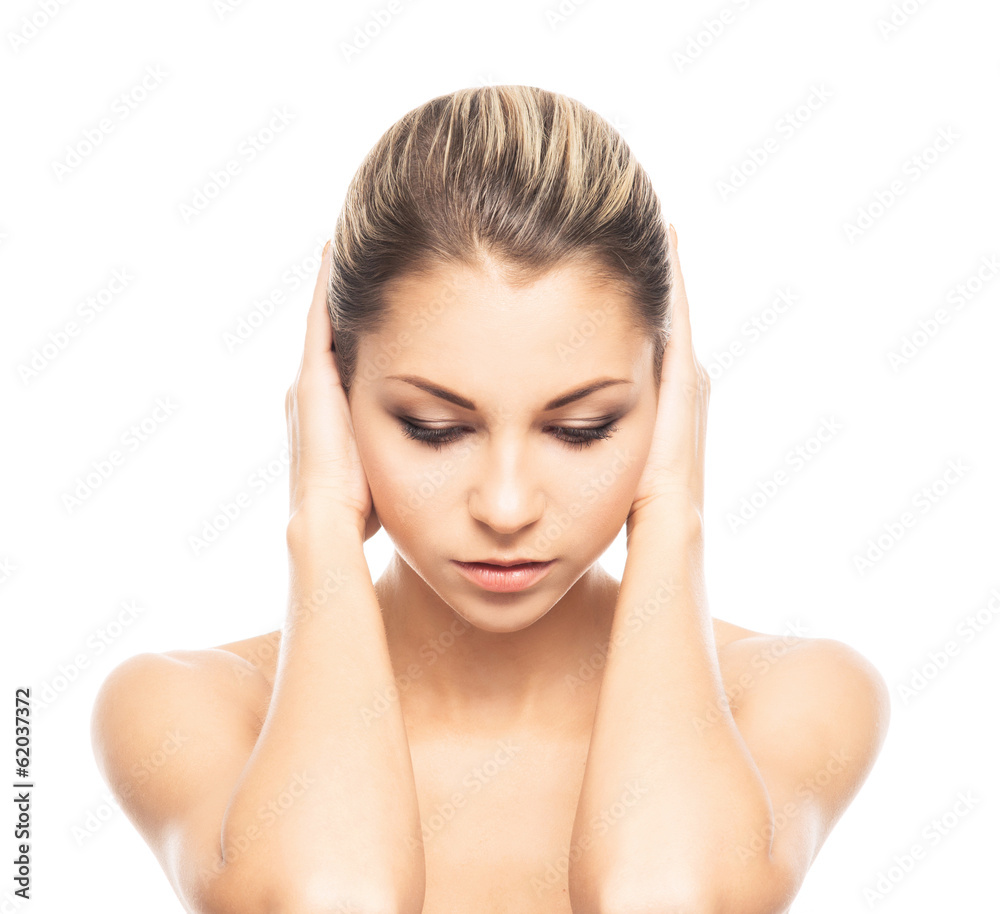 Close-up portrait of tired and upset girl isolated on white Close-up portrait of tired and upset girl isolated on white