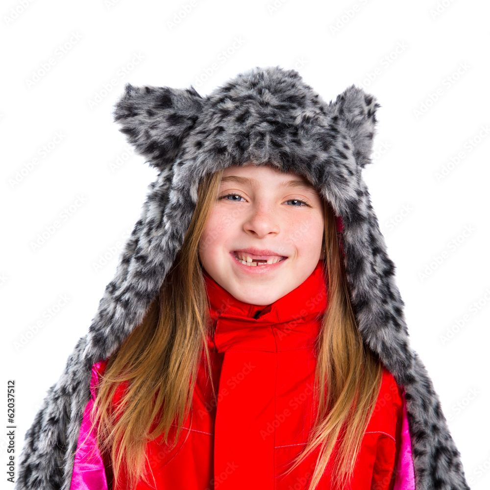 blond kid girl with winter gray feline fur scarf hat in white blond kid girl with winter gray feline fur scarf hat in white
