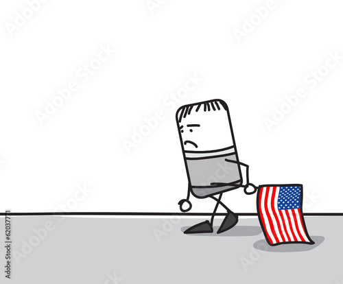 Personnage déçu qui tient le drapeau des USA
