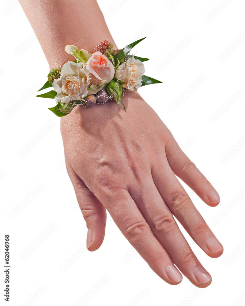 Fototapeta premium Bracelet from flowers on hand. Wedding accessories.
