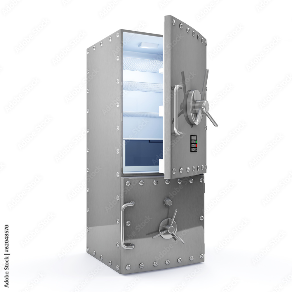 Fototapeta premium Modern Refrigerator with Opened Safe Door. Dieting concept