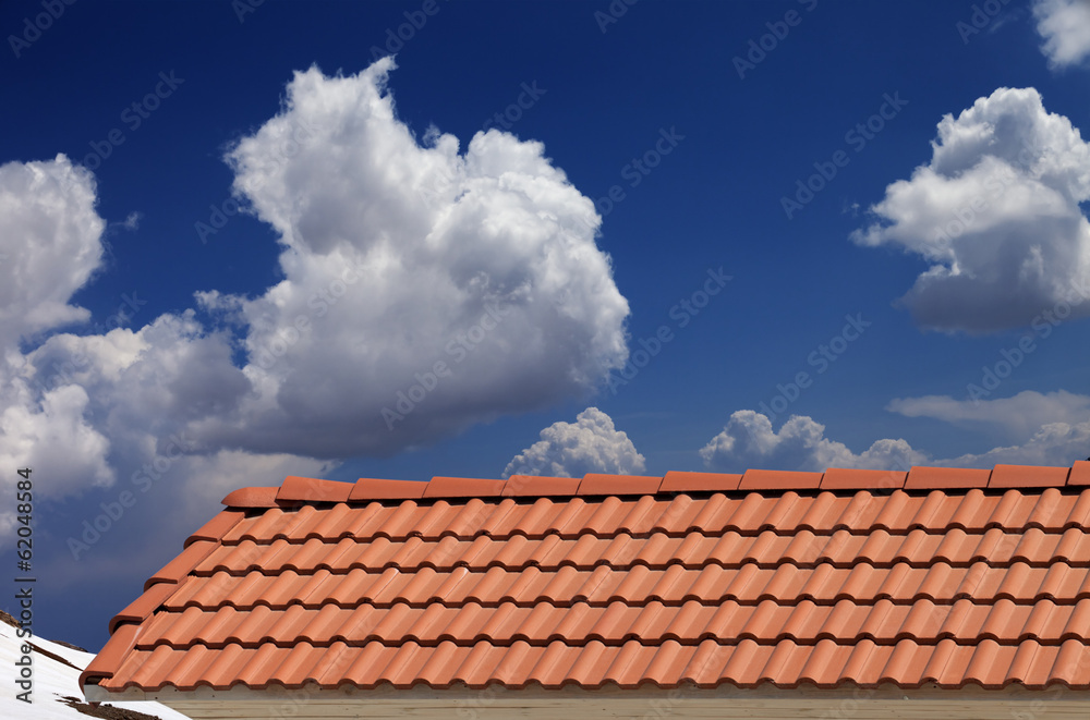 Roof tiles, snowy slope and blue sky with clouds