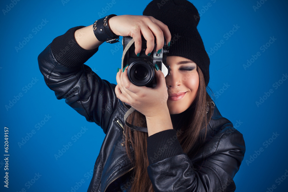 beautiful young woman holding camera beautiful young woman holding camera