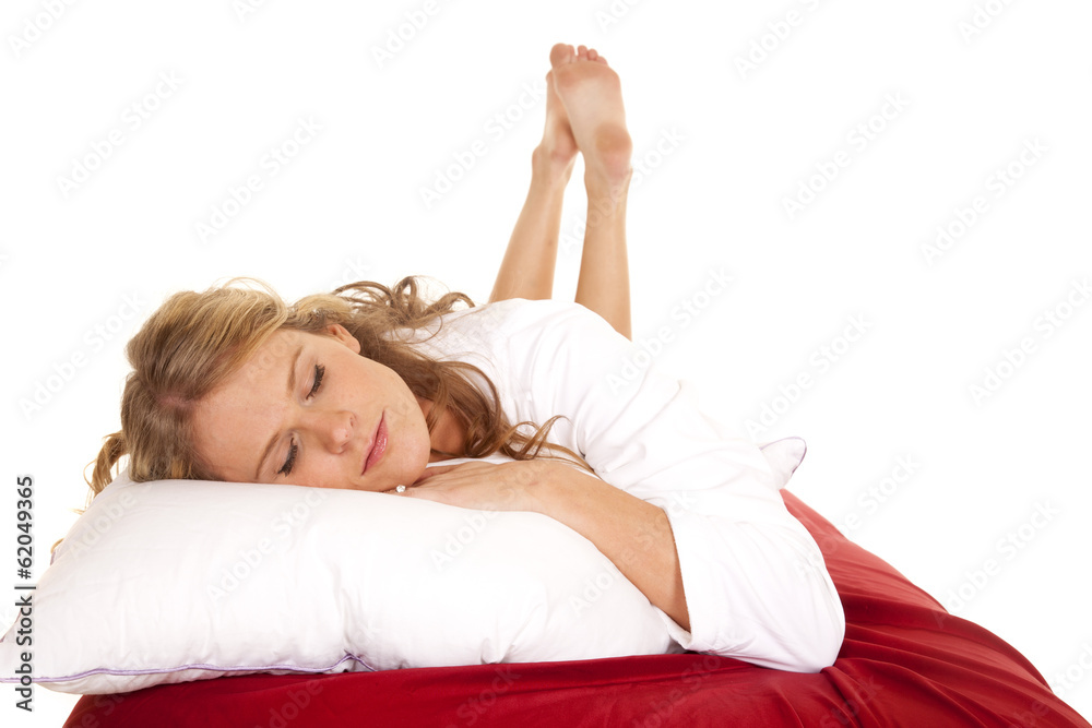Woman white robe red sheet lay sleep Woman white robe red sheet lay sleep