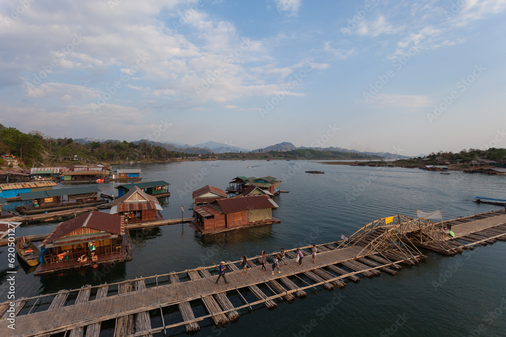 Raft house village floating and wooden bridge at Sangklaburi in