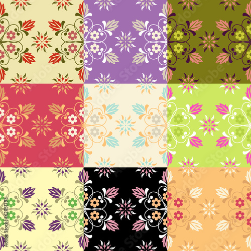 Set of nine different colorful seamless floral pattern