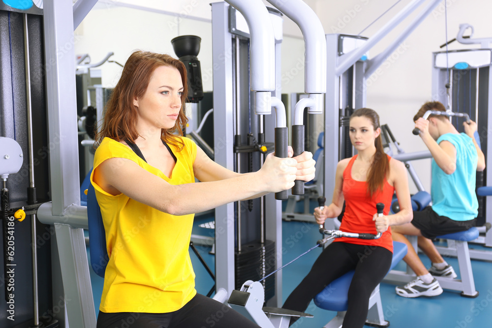 Fototapeta premium Group of people training with weights in gym