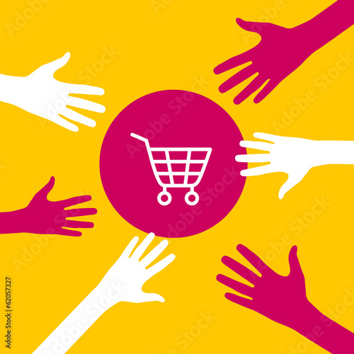 Hands reach for a  shopping cart.